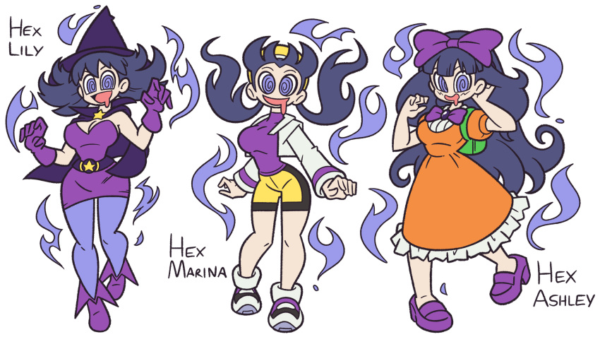 3girls @_@ al_bhed_eyes bike_shorts breasts cosplay crystal_(pokemon) crystal_(pokemon)_(cosplay) hat hex_maniac_(pokemon) highres large_breasts messy_hair multiple_girls npc open_mouth pantyhose pokemon pokemon_(game) pokemon_xy purple_hair satoko_(pokemon) satoko_(pokemon)_(cosplay) shenanimation shoes smile sneakers twintails violet_eyes witch_hat