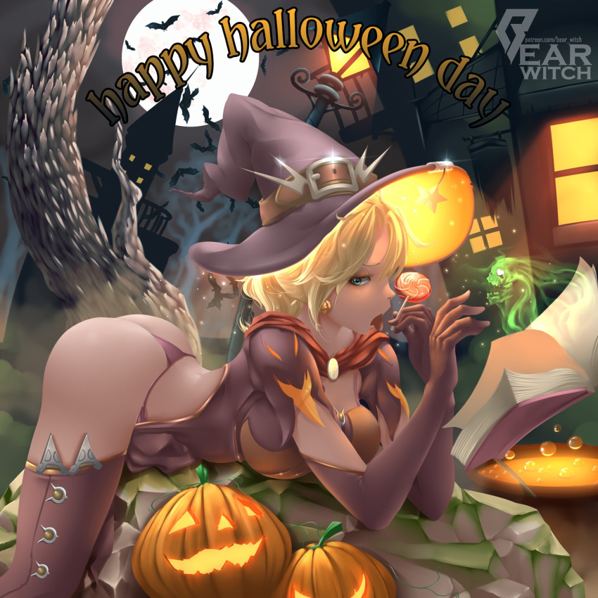1girl alternate_costume artist_name ass bat bearwitch blonde_hair blue_eyes book breasts brown_dress brown_gloves brown_hat brown_legwear bubble candy capelet castle dress elbow_gloves eyelashes floating food from_side full_moon ghost gloves glowing halloween halloween_costume happy_halloween hat hat_belt highres house jack-o'-lantern jack-o'-lantern_earrings ladle lamppost large_breasts lollipop looking_at_viewer lying moon moss night on_stomach overwatch panties pumpkin pumpkin_soup purple_panties rock short_hair short_sleeves sitting_on_rock solo swirl_lollipop thigh-highs thong thong_panties tongue tongue_out tree underwear watermark web_address window witch witch_hat witch_mercy