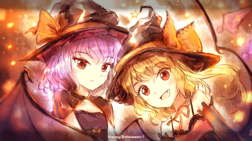 2girls alternate_costume arms_at_sides bare_shoulders bat_wings black_dress blonde_hair capelet crystal detached_sleeves dress fangs flandre_scarlet gradient gradient_background happy_halloween hat hat_ribbon lavender_hair light_smile minust multiple_girls open_mouth red_dress red_eyes remilia_scarlet ribbon short_hair siblings side_ponytail sisters sketch slit_pupils star touhou tsurime vampire wings witch_hat