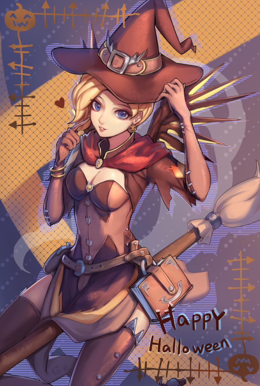 1girl abstract_background alternate_costume blonde_hair blue_eyes book breasts brooch broom broom_riding brown_gloves brown_legwear capelet cleavage cowboy_shot earrings elbow_gloves finger_to_cheek gloves halloween halloween_costume hand_on_headwear happy_halloween hat heart highres jack-o'-lantern jack-o'-lantern_earrings jewelry looking_at_viewer mao_wan mechanical_wings medium_breasts mercy_(overwatch) overwatch parted_lips pelvic_curtain short_sleeves smile solo strap thigh-highs wings witch witch_hat witch_mercy