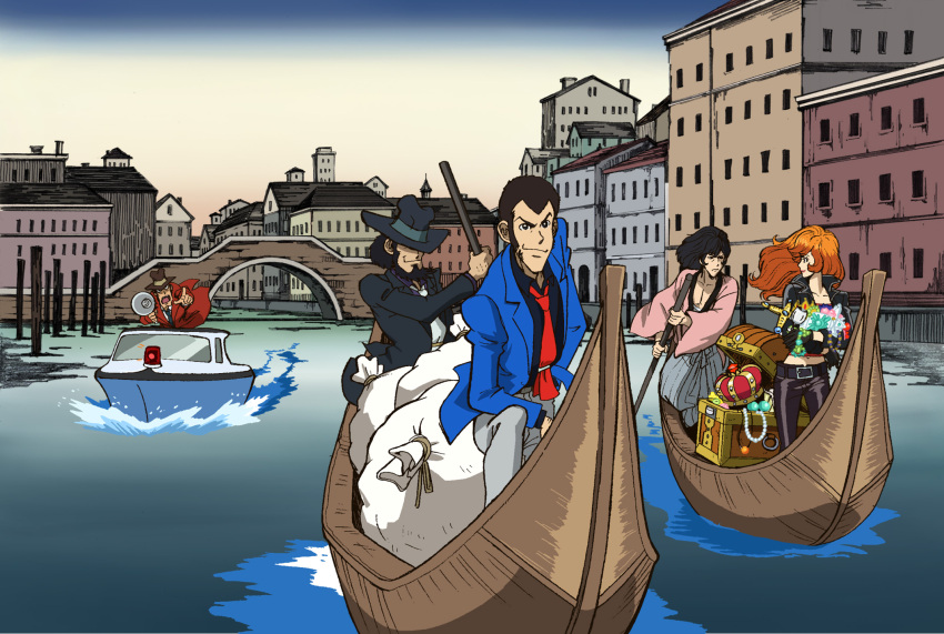 1girl arsene_lupin_iii black_hair boat brown_hair formal hat highres ishikawa_goemon_xiii jigen_daisuke lupin_iii mine_fujiko multiple_boys smile suit watercraft