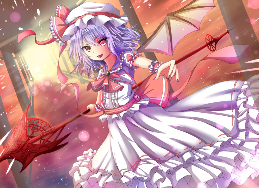 &gt;:d 1girl :d ascot bat_wings blouse bow brooch fang frilled_shirt_collar frills hat hat_ribbon highres jewelry lavender_hair long_skirt looking_at_viewer mob_cap nail_polish open_mouth puffy_short_sleeves puffy_sleeves red_bow red_eyes red_nails red_ribbon remilia_scarlet renka_(cloudsaikou) ribbon sash short_hair short_sleeves skirt smile solo spear_the_gungnir touhou white_blouse white_skirt wings wrist_cuffs