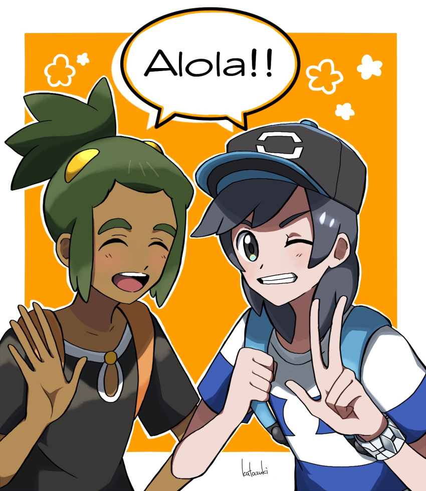 2boys backpack bag baseball_cap black_hair black_shirt closed_eyes dark_skin dark_skinned_male english flower_(symbol) green_hair grey_eyes hat hau_(pokemon) highres kuruto. male_focus male_protagonist_(pokemon_sm) multiple_boys one_eye_closed outside_border pokemon pokemon_(game) pokemon_sm shirt short_hair signature simple_background smile speech_bubble striped striped_shirt t-shirt topknot upper_body v waving yellow_background z-ring