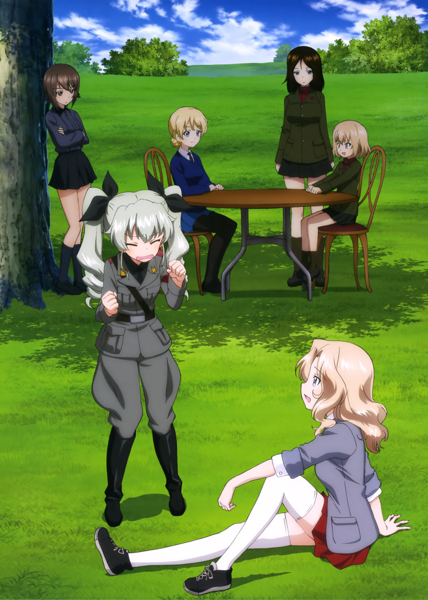 6+girls absurdres anchovy bangs belt black_boots black_hair black_legwear black_shirt black_shoes black_skirt blazer blonde_hair blouse blue_eyes blue_skirt boots braid brown_eyes brown_hair chair closed_eyes clouds cloudy_sky crossed_arms darjeeling dress_shirt drill_hair emblem girls_und_panzer green_hair green_jacket grey_jacket grey_pants grey_shirt hair_ribbon highres jacket katyusha kay_(girls_und_panzer) knee_boots loafers long_hair long_sleeves looking_at_another military military_uniform miniskirt multiple_girls necktie nishizumi_maho nonna official_art open_clothes open_jacket outdoors pants pantyhose parted_lips pleated_skirt red_shirt red_skirt ribbon school_uniform shade shirt shoes short_hair shoulder_belt sitting skirt sky sleeves_rolled_up smile socks standing sweater swept_bangs table thigh-highs tied_hair turtleneck twin_braids twin_drills twintails uniform v-neck white_blouse white_legwear white_shirt