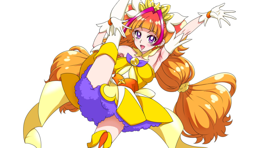 1girl :d amanogawa_kirara arm_up armpits bangs bare_shoulders blunt_bangs blush cure_twinkle dress earrings gloves go!_princess_precure highres jewelry long_hair looking_at_viewer numahana one_leg_raised open_mouth orange_hair precure simple_background smile solo split standing standing_on_one_leg thigh-highs twintails very_long_hair violet_eyes white_background white_gloves white_legwear