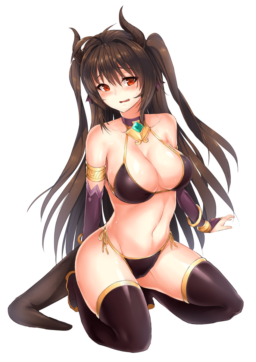 1girl bikini black_bikini black_hair black_legwear bracelet breasts bridal_gauntlets cleavage collarbone fang groin highres horns jewelry kneeling large_breasts long_hair looking_at_viewer moing navel red_eyes side-tie_bikini simple_background soccer_spirits solo swimsuit tail thigh-highs two_side_up white_background