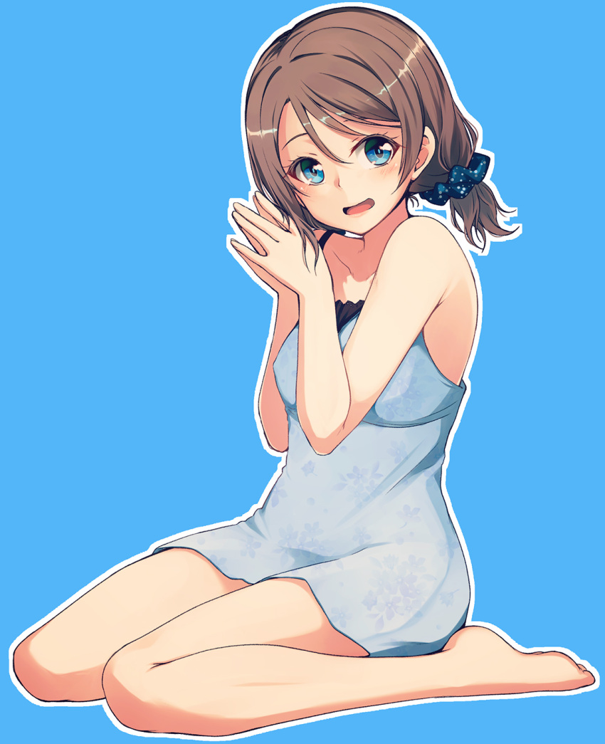 1girl bare_legs bare_shoulders barefoot blue_background blue_eyes brown_hair camisole floral_print full_body hair_ornament hair_scrunchie hands_together highres love_live! love_live!_sunshine!! nanotsuki open_mouth own_hands_together scrunchie short_hair simple_background sitting solo wariza watanabe_you