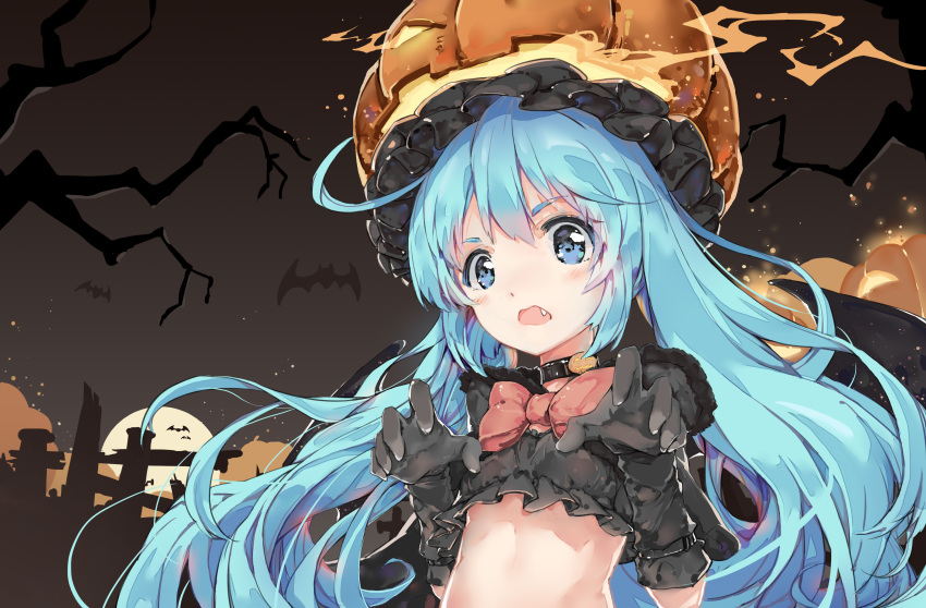 1girl absurdres bat black_gloves blue_eyes blue_hair bow choker claw_pose elbow_gloves fang full_moon gloves halloween hatsune_miku highres jack-o'-lantern long_hair moon night open_mouth solo twintails very_long_hair vocaloid