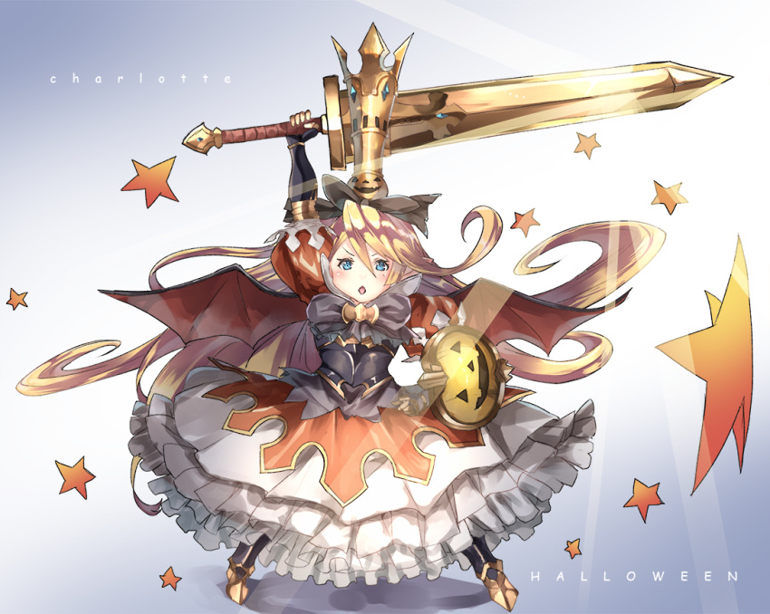 1girl :o armor armored_boots bat_wings black_bow blonde_hair blue_eyes blush boots bow breastplate buckler character_name charlotta_(granblue_fantasy) dress fake_wings frilled_dress frills gauntlets granblue_fantasy halloween harbin holding holding_sword holding_weapon jack-o'-lantern long_hair open_mouth orange_dress pointy_ears shield sone star sword weapon wings