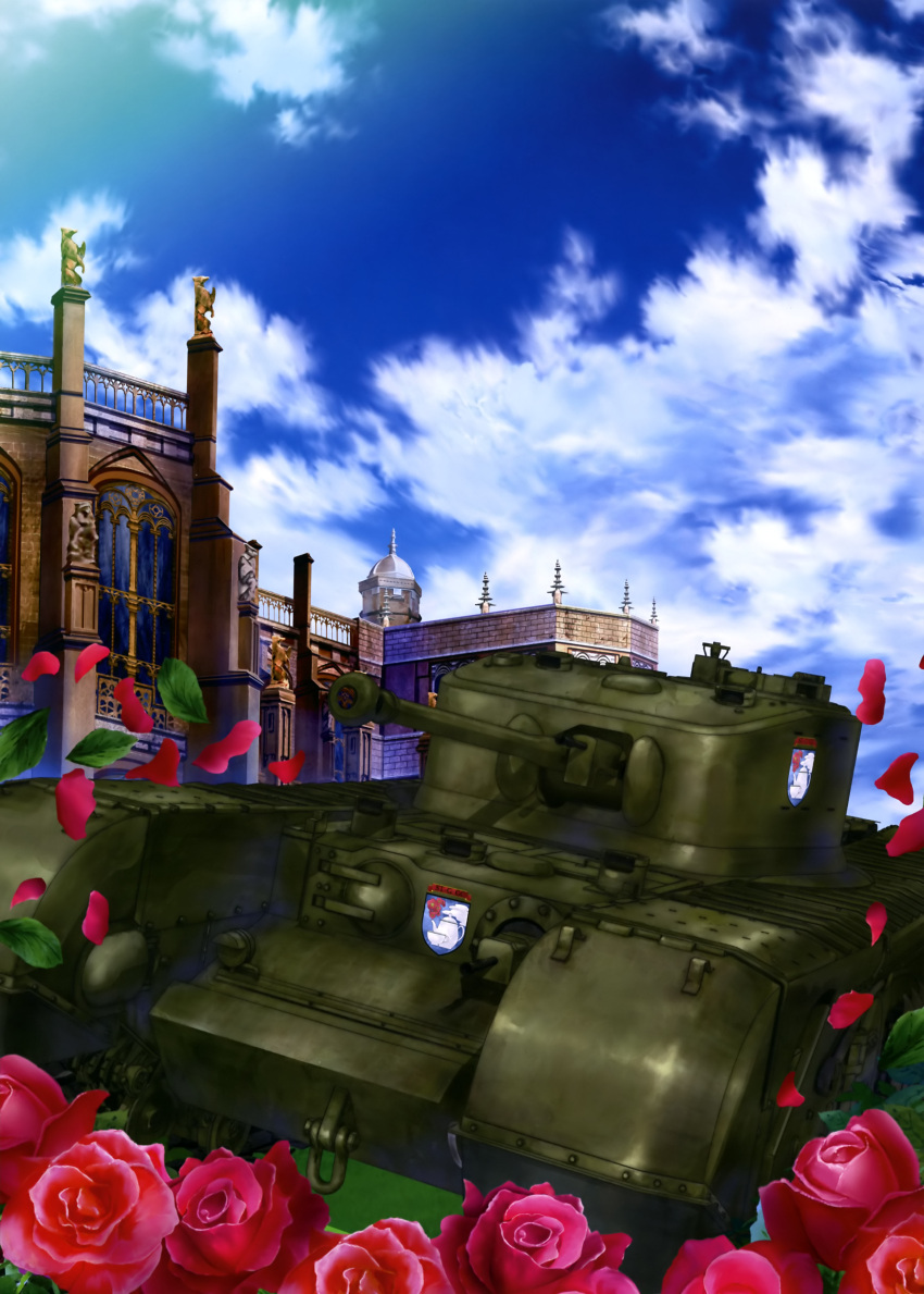 absurdres bed_of_roses churchill_(tank) clouds cloudy_sky emblem flower girls_und_panzer ground_vehicle highres location_request military military_vehicle motor_vehicle no_humans official_art outdoors rose sky st._gloriana's_(emblem) tank tank_focus