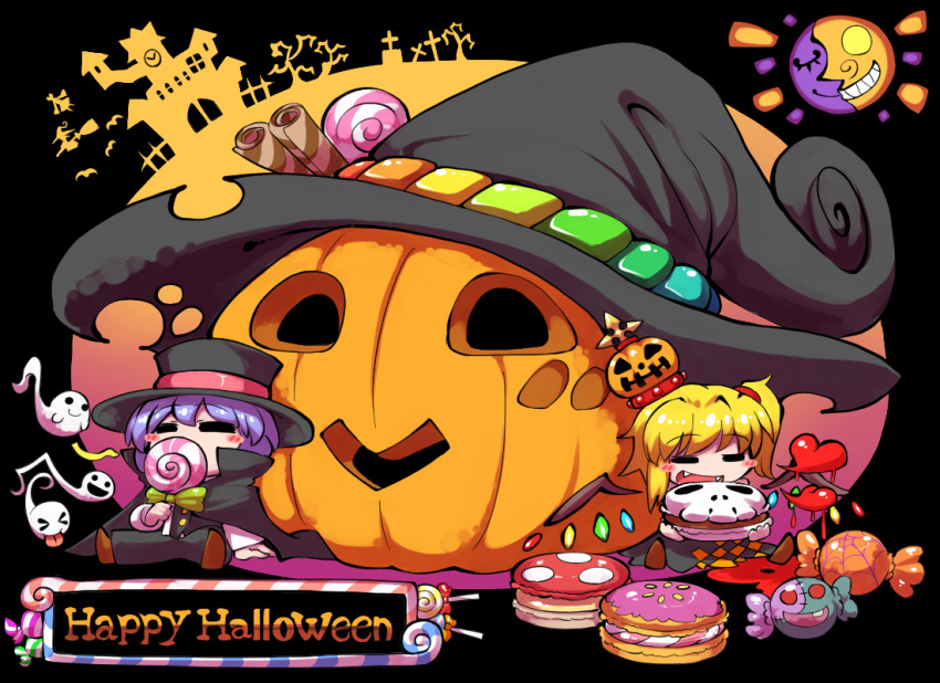&gt;_&lt; 4girls =_= bare_tree bat black_background black_cape black_hat blonde_hair blush_stickers bow brown_shoes candy candy_wrapper chibi clock closed_eyes commentary crown eating eyebrows eyebrows_visible_through_hair fangs flandre_scarlet ghost green_bow hakurei_reimu halloween happy_halloween hat heart jack-o'-lantern kashuu_(b-q) kirisame_marisa lavender_hair lollipop macaron mansion multiple_girls open_mouth puddle remilia_scarlet shoes short_hair side_ponytail silhouette sitting smile spider_web_print sun swirl_lollipop tombstone tongue tongue_out top_hat touhou tree wings witch_hat