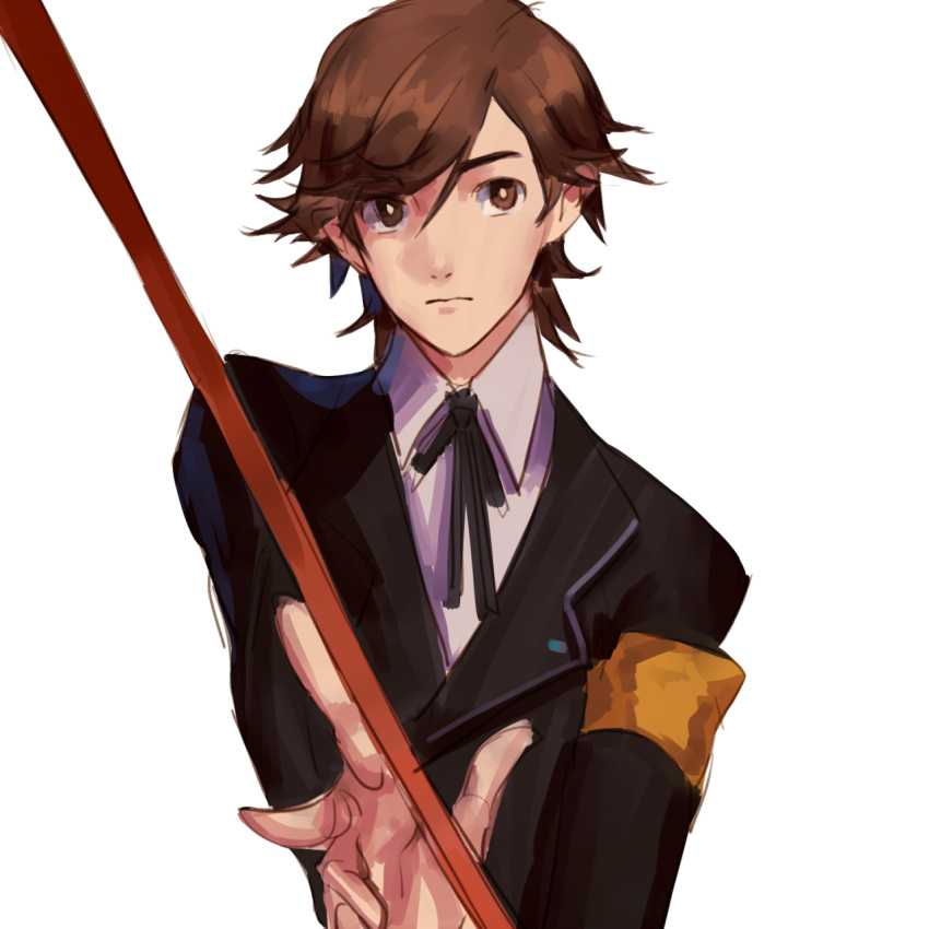 1boy amada_ken armband brown_hair closed_mouth highres holding holding_weapon looking_to_the_side male_focus niwatorineko persona persona_4:_the_ultimate_in_mayonaka_arena persona_4:_the_ultimax_ultra_suplex_hold school_uniform simple_background solo upper_body weapon white white_background