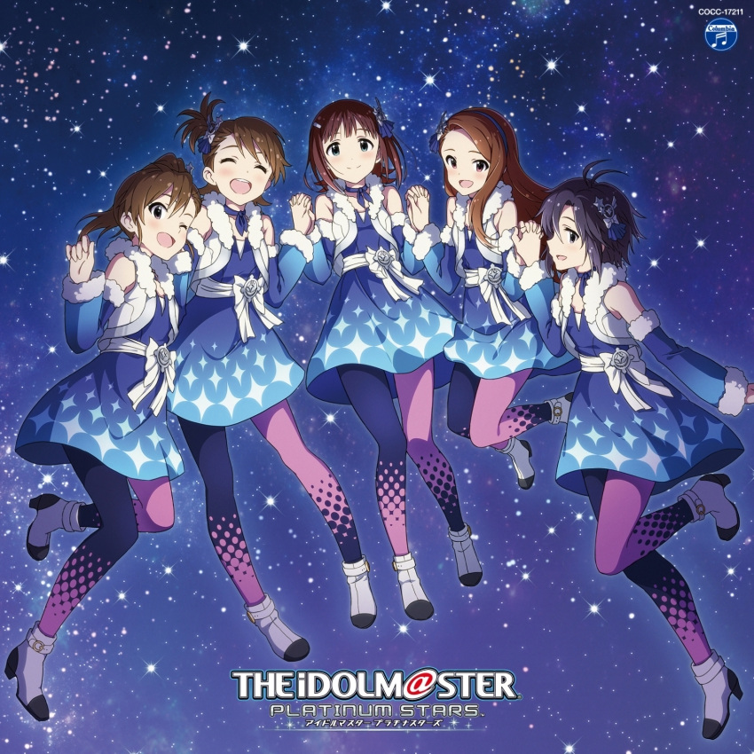 5girls ^_^ album_cover amami_haruka artist_request asymmetrical_legwear black_hair blue_dress blue_ribbon brown_eyes brown_hair closed_eyes copyright_name cover detached_sleeves dress futami_ami futami_mami highres holding_hands idolmaster idolmaster_platinum_stars interlocked_fingers kikuchi_makoto long_hair minase_iori multiple_girls neck_ribbon night night_sky official_art one_eye_closed one_side_up open_mouth pantyhose ponytail ribbon short_hair sky smile star_(sky) starry_sky