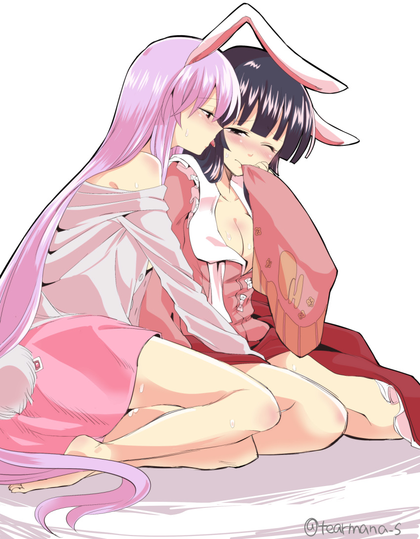 2girls animal_ears bare_shoulders barefoot black_eyes black_hair blouse breasts bunny_tail cheek_licking cleavage clothes_removed face_licking floral_print hand_on_another's_leg hand_to_own_mouth highres hime_cut houraisan_kaguya japanese_clothes licking long_hair looking_at_another mana_(gooney) medium_breasts mouth_hold multiple_girls one_eye_closed purple_hair rabbit_ears red_eyes reisen_udongein_inaba saliva simple_background sitting sleeves_past_wrists soles sweat tail toes tongue tongue_out touhou twitter_username very_long_hair wavy_mouth white_blouse wide_sleeves yuri