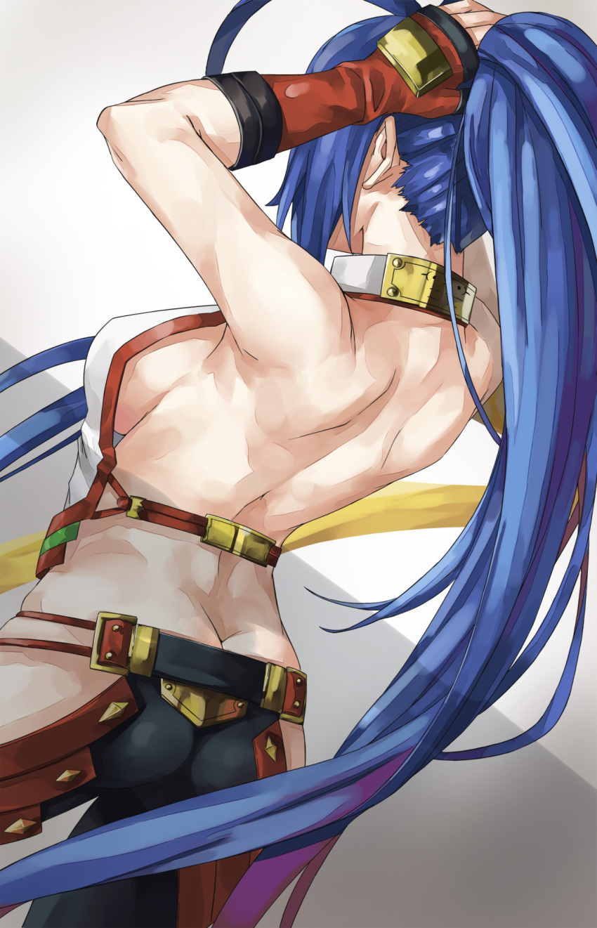 1girl adjusting_hair antenna_hair armpits arms_behind_head ass back backless_outfit bangs bare_back bare_shoulders black_pants blazblue blazblue:_central_fiction blazblue_variable_heart blazpu blue_hair breasts butt_crack cowboy_shot fingerless_gloves from_behind genderswap genderswap_(mtf) gloves hair_between_eyes halter_top halterneck highres holding large_breasts long_hair lowleg lowleg_pants mai_natsume no_bra no_panties pants ponytail red_gloves revealing_clothes ribbon sideboob sidelocks simple_background solo standing thighs tying_hair very_long_hair white_background yellow_ribbon