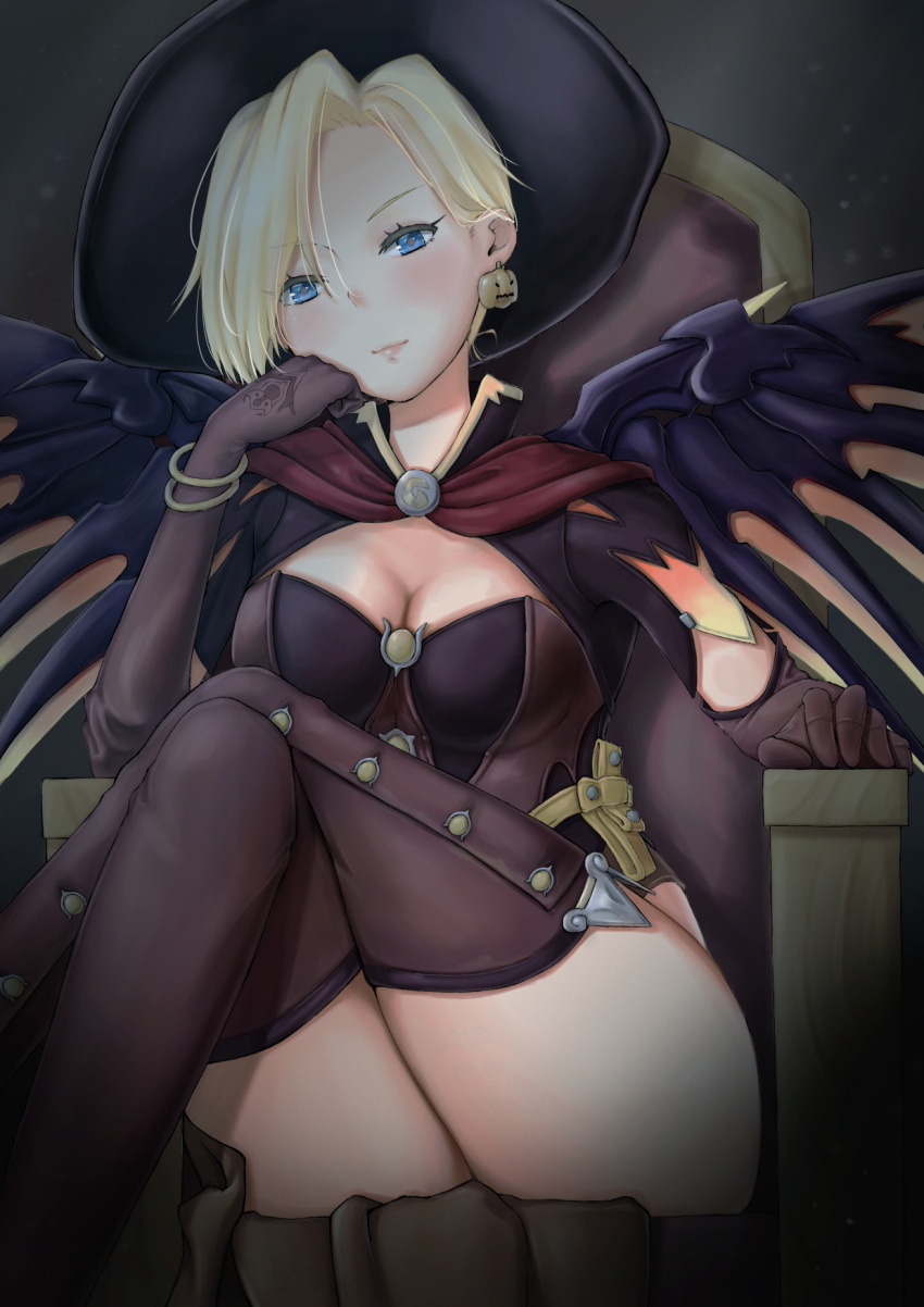 1girl agnam_ore alternate_costume bangle blonde_hair blue_eyes blush bracelet breasts brooch brown_gloves brown_legwear capelet chin_rest cleavage crossed_legs earrings elbow_gloves eyes_visible_through_hair gloves grey_background hair_between_eyes halloween halloween_costume hat highres jack-o'-lantern_earrings jewelry light_smile looking_at_viewer mechanical_wings medium_breasts mercy_(overwatch) overwatch short_sleeves sitting solo thigh-highs throne wings witch witch_hat witch_mercy