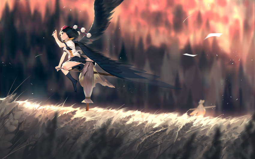 1girl arm_support autumn bangs bare_arms black_eyes black_hair black_legwear black_skirt black_wings blurry breasts camera collared_shirt depth_of_field feathered_wings field flying_paper forest from_side hand_up hat holding holding_camera karasu-san_(syh3iua83) kneehighs light_particles light_smile medium_breasts miniskirt nature no_shoes one_knee outdoors paper pom_pom_(clothes) profile red_hat ribbon-trimmed_skirt scarecrow serious shade shameimaru_aya shirt short_hair short_sleeves skirt solo_focus taking_picture tokin_hat touhou twilight wheat wheat_field white_shirt wind wings