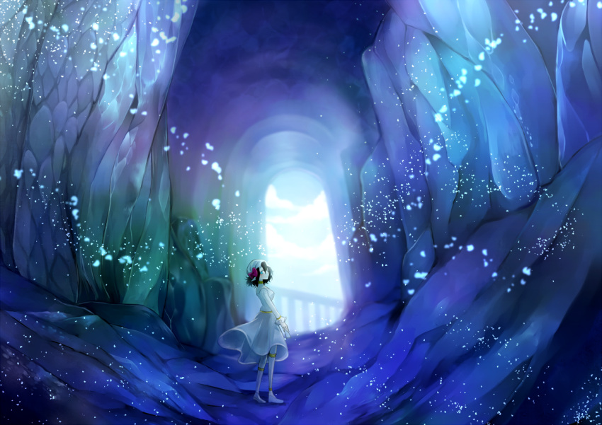 1girl black_hair blue blue_eyes cave clouds dress fukurahagi_uomaru hat looking_at_viewer original scenery shoes short_hair solo white_dress white_shoes