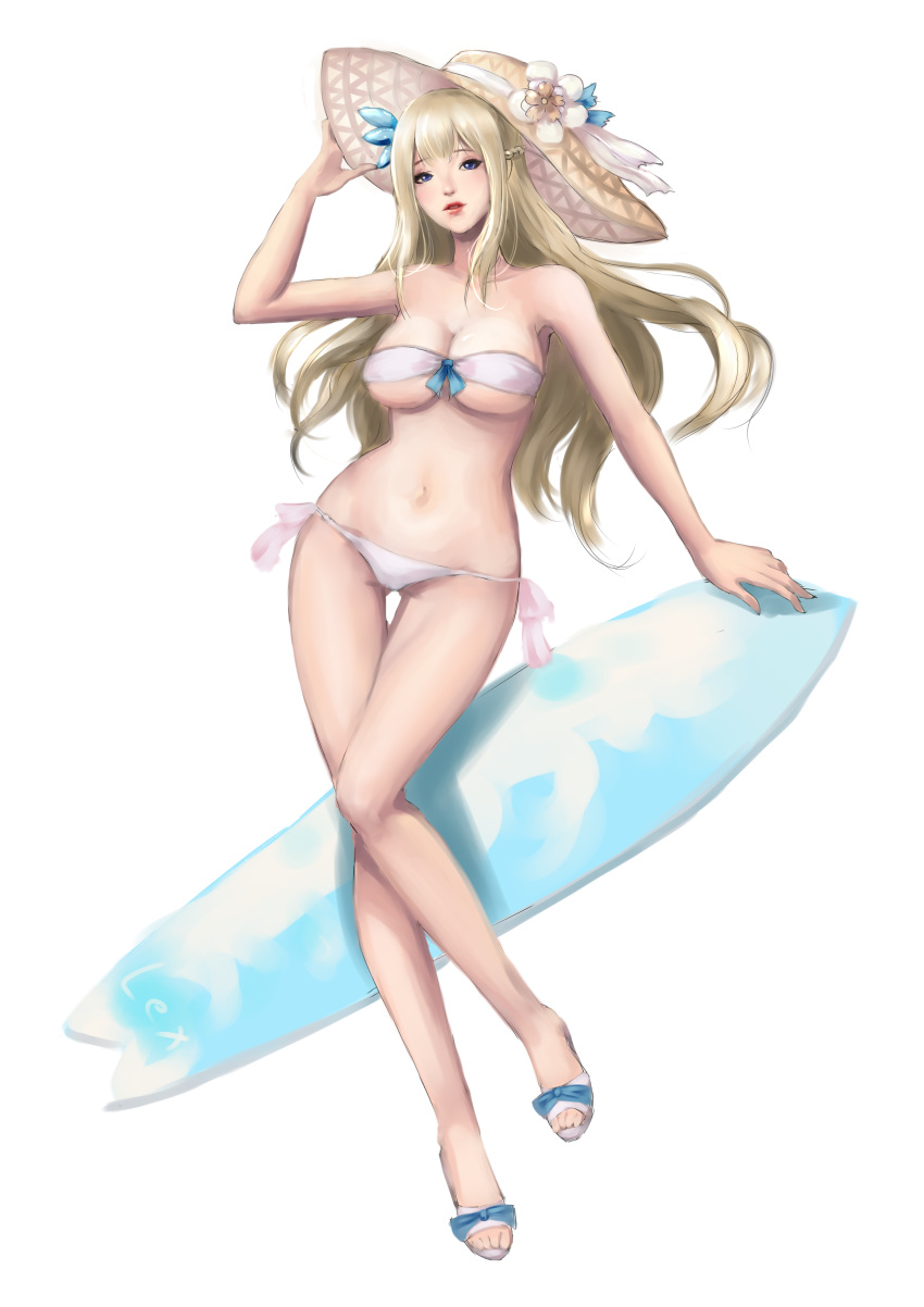 1girl absurdres adjusting_clothes adjusting_hat bikini blonde_hair blue_eyes breasts cleavage eshan groin hat highres lexington_(zhan_jian_shao_nyu) long_hair navel red_lips sketch solo straw_hat surfboard swimsuit white_background zhan_jian_shao_nyu