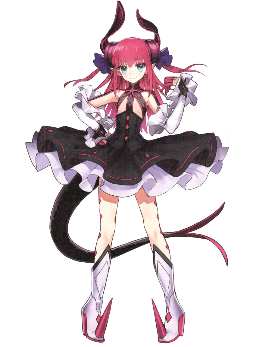 1girl absurdres asymmetrical_horns black_dress blue_eyes detached_sleeves diamond_(shape) dragon_tail dress fate/extra fate/extra_ccc fate/grand_order fate_(series) gradient_hair hair_ribbon highres lancer_(fate/extra_ccc) long_hair multicolored_hair official_art pink_hair pointy_ears ribbon solo tail wada_aruko wrist_cuffs