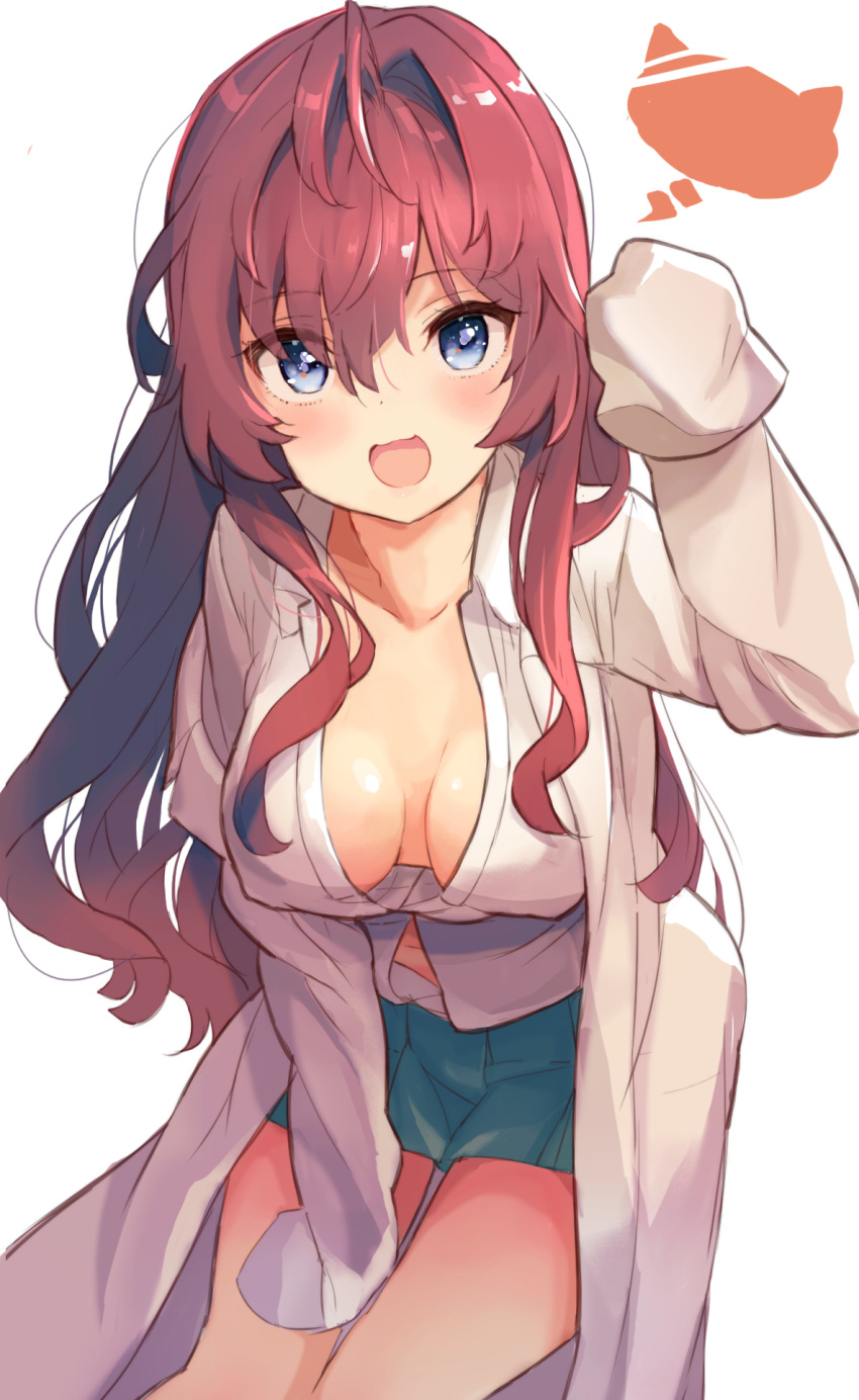 1girl :d ahoge blue_eyes blush breasts brown_hair cleavage coat collarbone commentary_request cowboy_shot downblouse dress_shirt green_skirt hair_intakes highres ichinose_shiki idolmaster idolmaster_cinderella_girls labcoat leaning_forward long_hair long_sleeves looking_at_viewer medium_breasts open_clothes open_coat open_mouth shirt skirt sleeves_past_wrists smile solo tetsujin_momoko white_background white_shirt