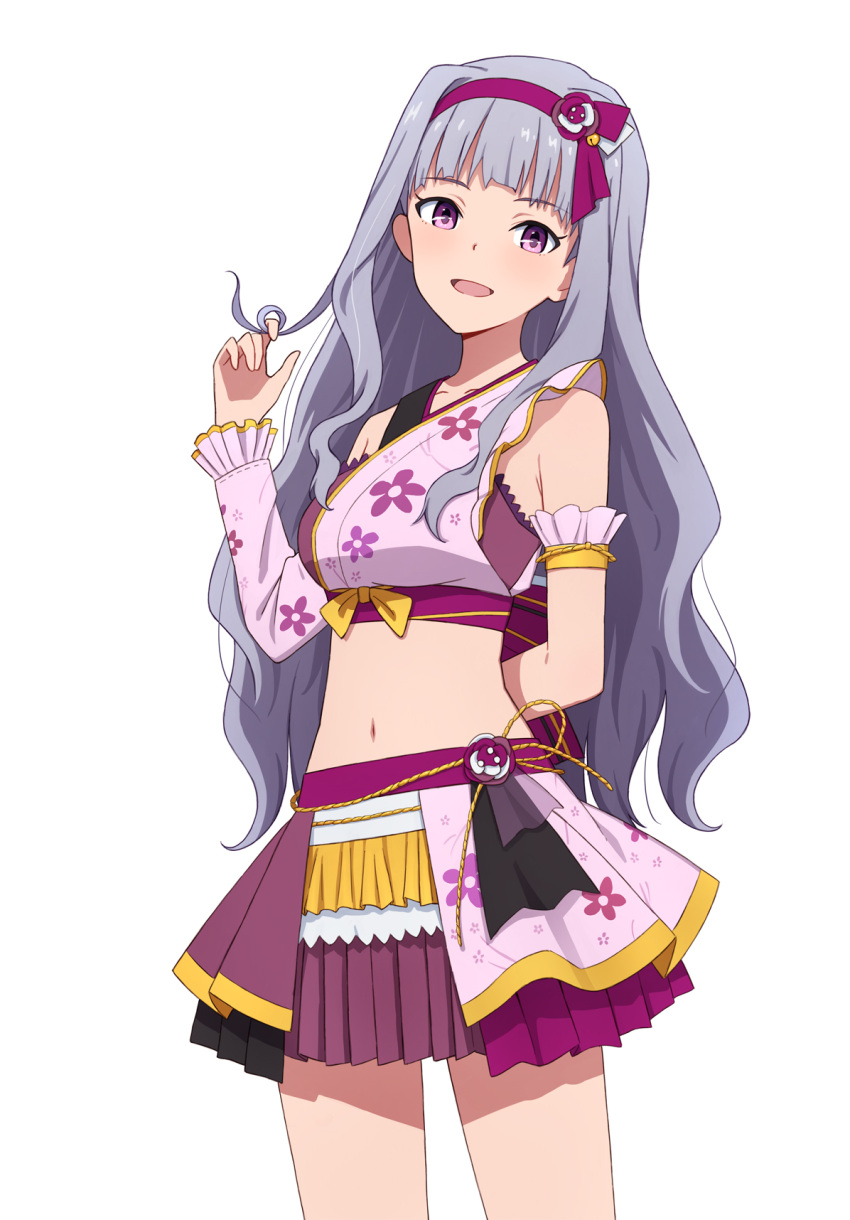 1girl arm_behind_back armlet blush crop_top detached_sleeve hair_twirling hairband highres idolmaster long_hair looking_at_viewer midriff navel open_mouth shijou_takane silver_hair simple_background skirt smile solo violet_eyes white_background yahiro_(epicopeiidae)