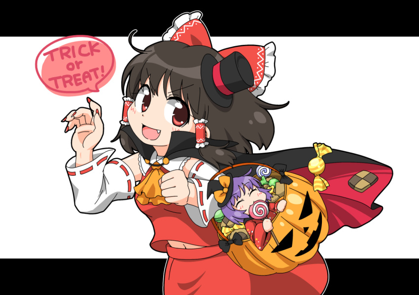 &gt;:d 2girls :d ^_^ black_hat bow breasts brown_hair bucket candy cape claw_pose closed_eyes commentary_request cookie detached_sleeves eating fang fingernails food hair_bow hair_tubes hakurei_reimu halloween halloween_costume hat japanese_clothes kimono lollipop long_fingernails looking_at_viewer medium_breasts mini_hat mini_top_hat minigirl multiple_girls nail_polish navel open_mouth purple_hair red_eyes red_nails ribbon-trimmed_sleeves ribbon_trim skirt skirt_set smile sukuna_shinmyoumaru swirl_lollipop top_hat touhou trick_or_treat unachika vest witch_hat