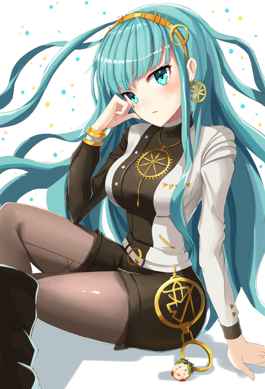 1girl absurdres boots breasts c3yooooo character_doll cleopatra_(fate/grand_order) crossed_legs earrings fate/grand_order fate_(series) green_eyes green_hair hairband highres jewelry julius_caesar_(fate/grand_order) long_hair necklace pantyhose pantyhose_under_shorts shorts simple_background solo very_long_hair white_background