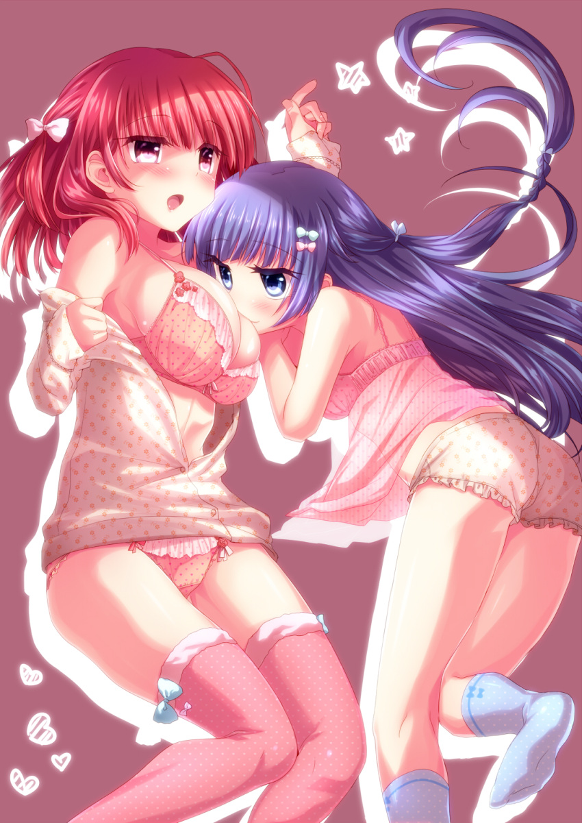 2girls alfred blue_eyes blue_hair bow bra breasts brown_background cleavage collarbone eyebrows eyebrows_visible_through_hair frilled_bra frilled_panties frills hair_bow highres large_breasts long_hair multiple_girls open_mouth original panties pink_eyes pink_legwear redhead see-through star thigh-highs underwear yuri