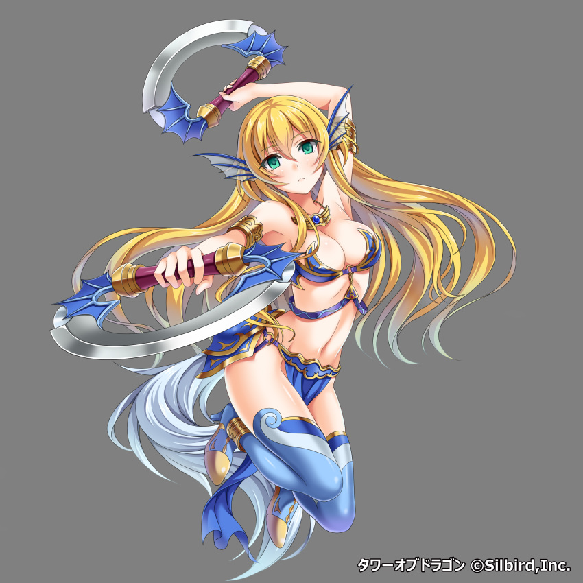 1girl absurdres armor armpits bikini_armor blonde_hair blue_legwear breasts cleavage dansa full_body green_eyes grey_background hair_between_eyes highres holding holding_weapon long_hair looking_at_viewer medium_breasts navel simple_background solo thigh-highs tower_of_dragon weapon