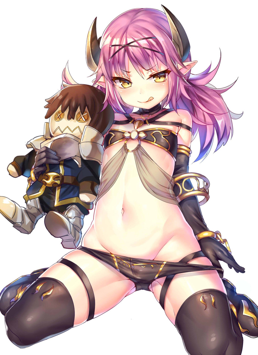 1girl :q bandeau bangle black_gloves black_legwear black_panties boots bracelet chain character_doll cuffs elbow_gloves gloves groin hairband highres holding_doll horns jewelry long_hair looking_at_viewer midriff mokyu_(kukoudesu) naughty_face navel o-ring_top panties panty_pull pink_hair pointy_ears ponytail prince_(sennen_sensou_aigis) rivuru_(sennen_sensou_aigis) sennen_sensou_aigis sitting smile solo thigh-highs thigh_boots thigh_strap tongue tongue_out underwear wariza yellow_eyes