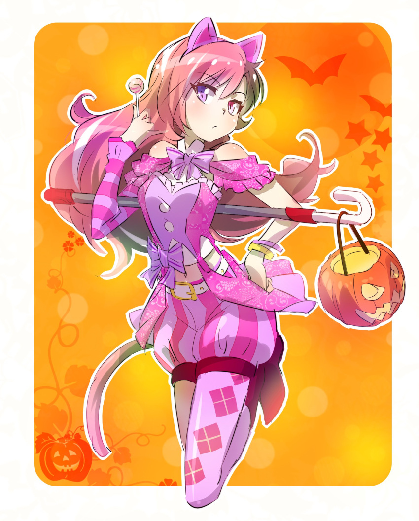 1girl animal_ears bat cane cat_ears cat_tail commentary halloween_costume highres iesupa jack-o'-lantern multicolored_eyes multicolored_hair neo_(rwby) rwby silhouette solo tail