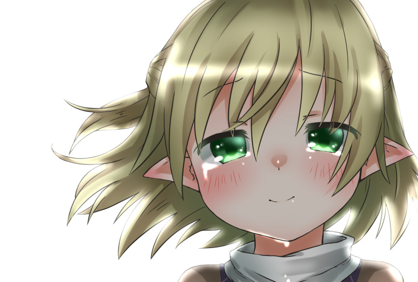 1girl backlighting blonde_hair blush commentary confession crying crying_with_eyes_open dripping good_end green_eyes half_updo happy happy_tears highres kz_oji looking_at_viewer mizuhashi_parsee pointy_ears portrait short_hair smile solo tears touhou turtleneck
