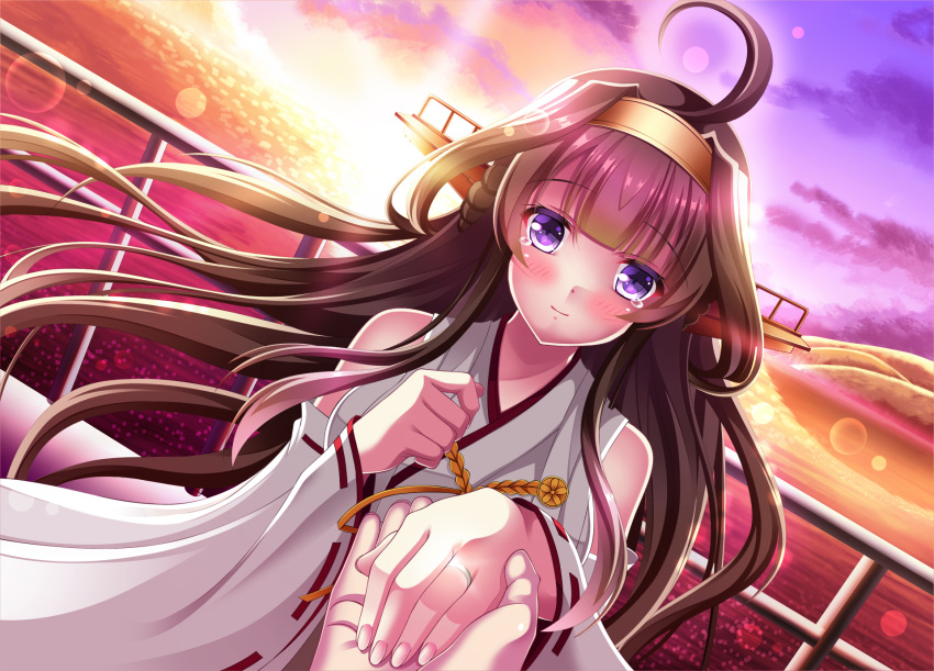 1girl 309042 ahoge blue_eyes brown_hair detached_sleeves dutch_angle eyebrows eyebrows_visible_through_hair hairband highres holding_hands japanese_clothes jewelry kantai_collection kongou_(kantai_collection) lace-trimmed_sleeves long_hair looking_at_viewer miko ocean outdoors proposal ring smile solo tears twilight wedding_ring