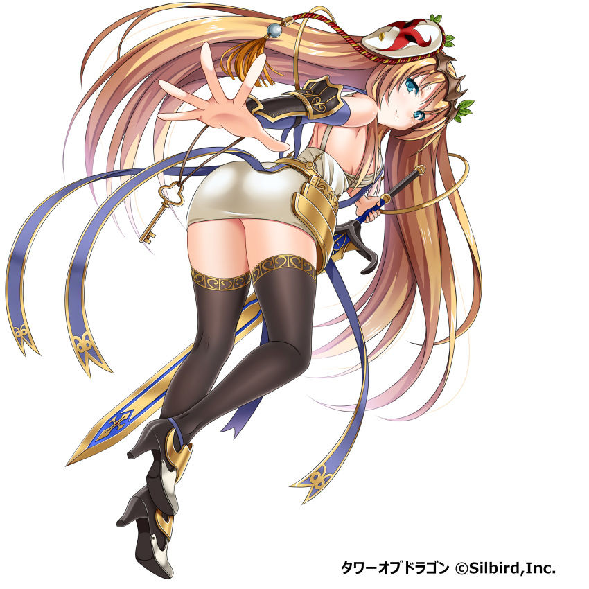 1girl absurdres black_legwear blue_eyes breasts brown_hair dansa detached_sleeves full_body hair_ornament highres holding holding_sword holding_weapon key long_hair looking_at_viewer medium_breasts sideboob simple_background smile solo sword thigh-highs tower_of_dragon weapon white_background
