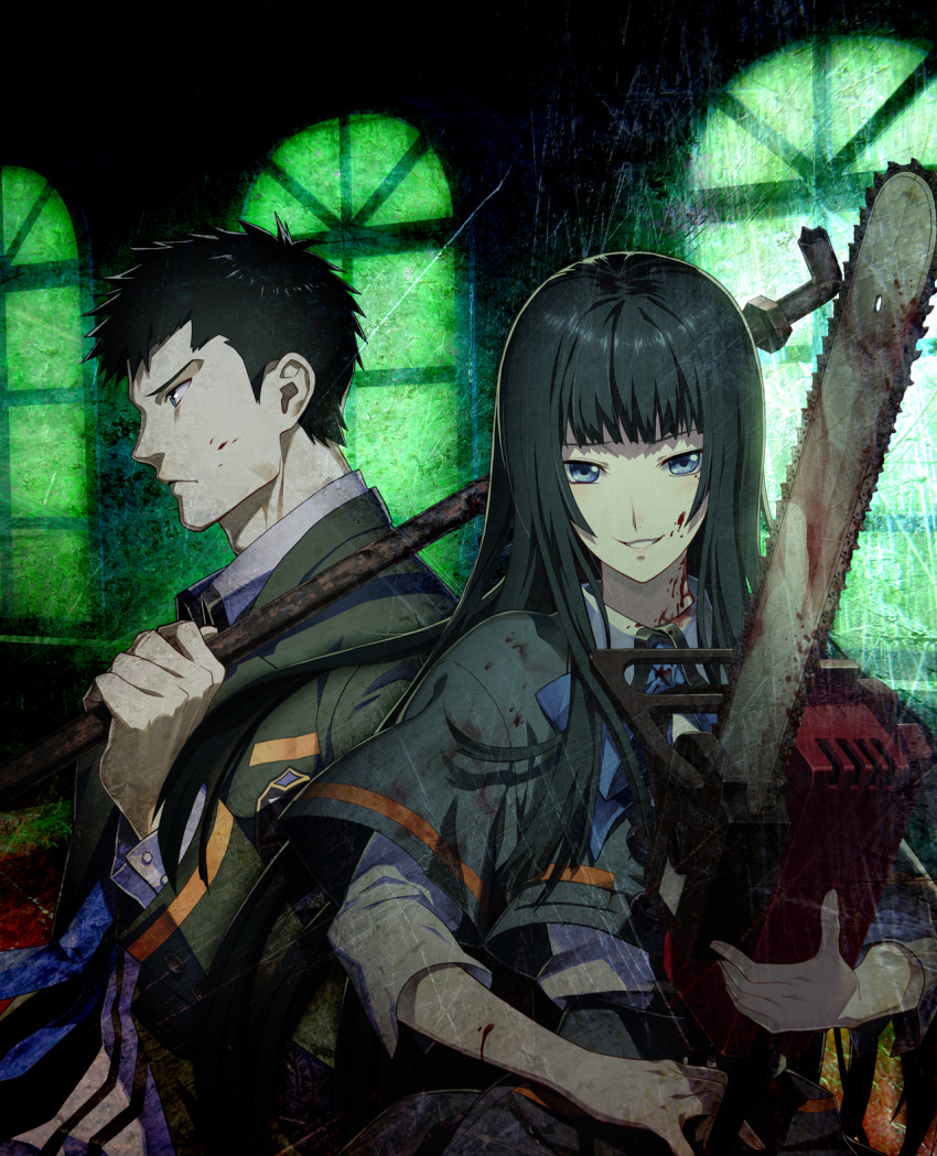 1boy 1girl arm_up back-to-back black_hair blood blood_on_face blood_on_ground bloody_clothes bloody_hands bloody_weapon blue_bow blue_eyes body_offscreen bow buttons chainsaw closed_mouth dark_background dunamis_15 ears emblem expressionless eyebrows fingers floor fringe from_side hands highres holding holding_weapon indoors lips long_hair looking_at_viewer mole mole_under_eye nagahama_megumi nut_(hardware) official_art open_mouth out_of_frame over_shoulder pipes school school_uniform scratched serafuku shadow shiny shiny_hair shirt short_hair skirt smile staring takatsuki_tougo teeth upper_body weapon weapon_over_shoulder window yamato_ichika