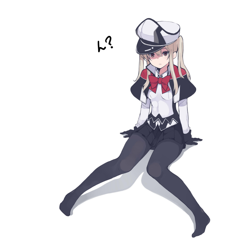 1girl akagawa007 alternate_breast_size arm_support black_gloves black_legwear blonde_hair bow bowtie brown_eyes capelet eyebrows eyebrows_visible_through_hair gloves graf_zeppelin_(kantai_collection) hat highres kantai_collection long_hair looking_at_viewer no_shoes pantyhose peaked_cap simple_background sitting skirt solo twintails white_background