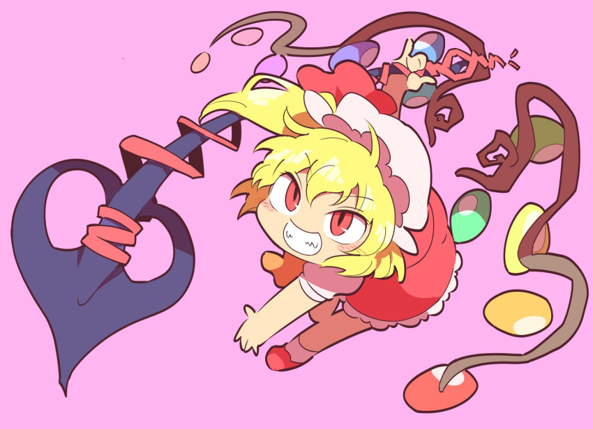 1girl blonde_hair flandre_scarlet frilled_skirt frills full_body grin hair_ribbon hat highres holding holding_weapon laevatein mob_cap moyazou_(kitaguni_moyashi_seizoujo) pink_background pinky_out puffy_short_sleeves puffy_sleeves rainbow_order red_eyes red_ribbon red_shoes red_skirt ribbon shoes short_sleeves simple_background skirt smile solo touhou weapon white_hat wings
