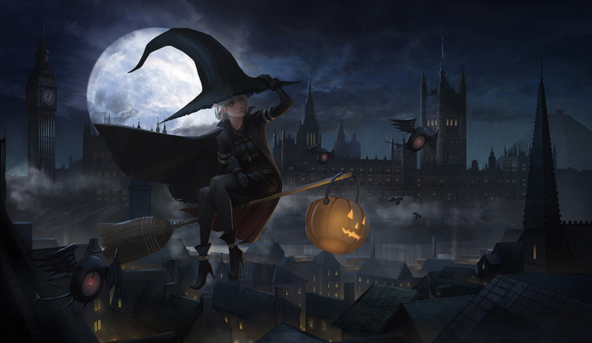 1girl big_hat broom broom_riding church city clock clock_tower clouds cloudy_sky familiar flying grey_hair halloween hat high_heels jack-o'-lantern midair moon original pumpkin sky smile tower witch witch_hat yagaminoue