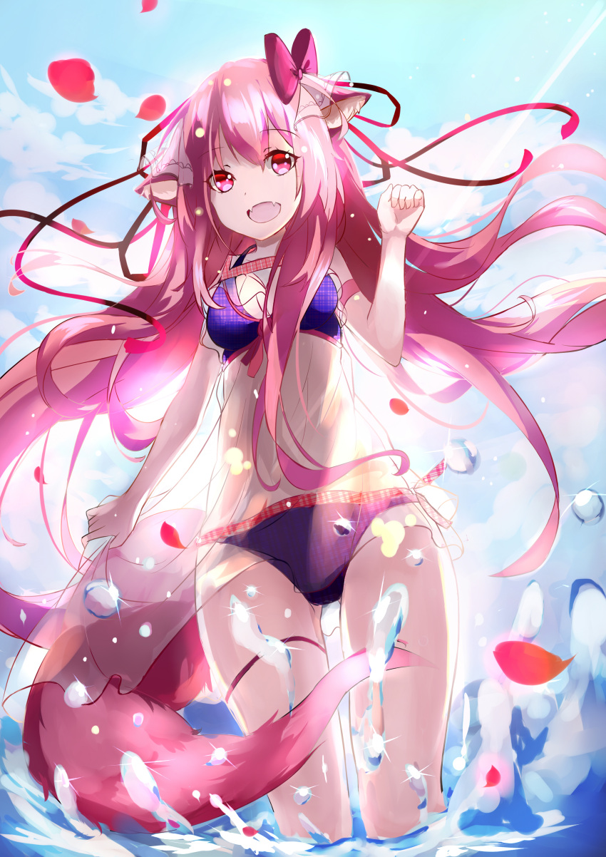 1girl absurdres animal_ears bikini bokujuu bow fang hair_bow highres long_hair million_arthur_(series) open_mouth petals pink_bow pink_eyes pink_hair solo swimsuit tail water