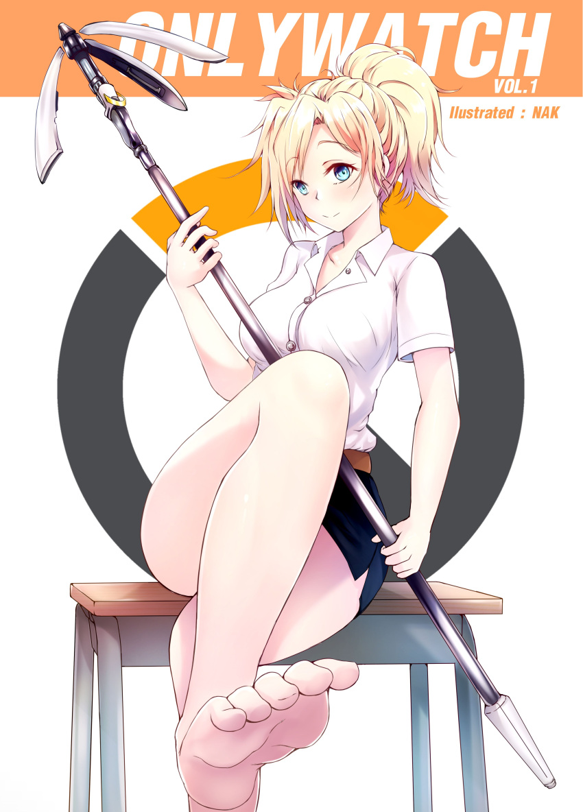 1girl absurdres barefoot belt blonde_hair blue_eyes blue_skirt breasts casual collarbone collared_shirt cover cover_page crossed_legs desk feet foreshortening high_ponytail highres holding holding_staff logo looking_at_viewer medium_breasts mercy_(overwatch) miniskirt nakatokung on_desk overwatch patreon ponytail pov_feet shirt short_sleeves simple_background sitting sitting_on_desk skirt smile solo staff toes watermark web_address white_background white_shirt