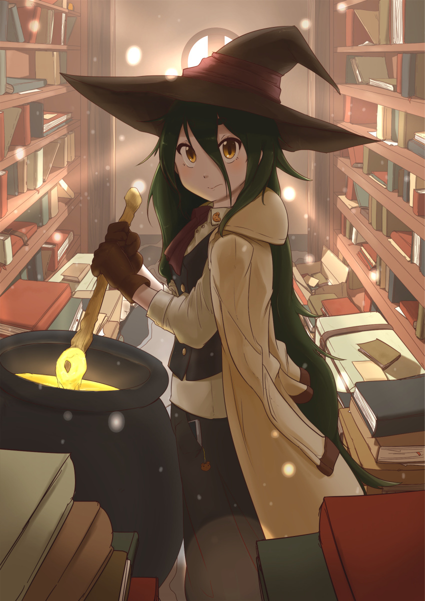 1girl ascot black_vest book book_stack bookshelf brown_eyes brown_gloves brown_hat buttons cauldron cellphone charm_(object) closed_mouth collared_shirt dress_shirt gloves green_eyes hat hat_ribbon highres holding holding_staff indoors jacket jacket_on_shoulders library long_hair long_sleeves looking_at_viewer original paper phone red_ribbon ribbon sanderson shirt short_eyebrows sleeves_rolled_up smartphone solo staff suitcase very_long_hair vest white_shirt window wizard wizard_hat