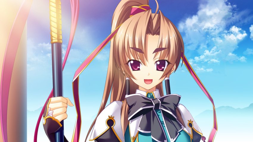 1girl :d ahoge arm_up bachou ball black_bow body_offscreen bow brown_hair clouds cloudy_sky day ears eyebrows eyebrows_visible_through_hair eyes fingers forehead game_cg gold gradient gradient_background green_shirt hair_tubes hairband halberd hands happy heaven hikage_eiji holding holding_weapon koihime_enbu koihime_musou long_hair long_ribbon long_sleeves looking_at_viewer mountain open_eyes open_mouth out_of_frame polearm ponytail portrait purple_ribbon ribbon shiny shirt sky smile solo spear thick_eyebrows tongue upper_body violet_eyes weapon
