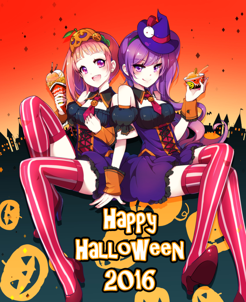 2016 2girls :d :q arm_hug blush breasts building closed_mouth corset crepe crossed_legs detached_collar detached_sleeves english eyebrows eyebrows_visible_through_hair food garter_straps gradient gradient_background halloween happy_halloween hat head_tilt high_heels highres holding holding_food ice_cream jack-o'-lantern kuroshio_maki long_hair looking_at_viewer medium_breasts mini_hat mini_witch_hat multiple_girls necktie number open_mouth orange_hair original pink_eyes pink_skirt puffy_short_sleeves puffy_sleeves purple_hair red_necktie red_shoes shoes short_necktie short_sleeves side_ponytail silhouette sitting skirt smile striped striped_legwear tongue tongue_out very_long_hair violet_eyes window wing_collar witch_hat wrist_cuffs