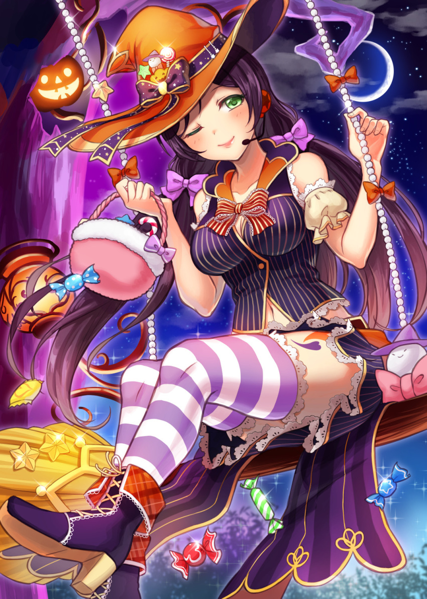 1girl bare_shoulders blush boots breasts candy cleavage green_eyes hair_ribbon halloween hat headset highres jack-o'-lantern konya_(chocolate_palette) lantern long_hair love_live! love_live!_school_idol_project navel one_eye_closed purple_hair ribbon sitting smile solo striped striped_legwear swing thigh-highs toujou_nozomi twintails witch_hat
