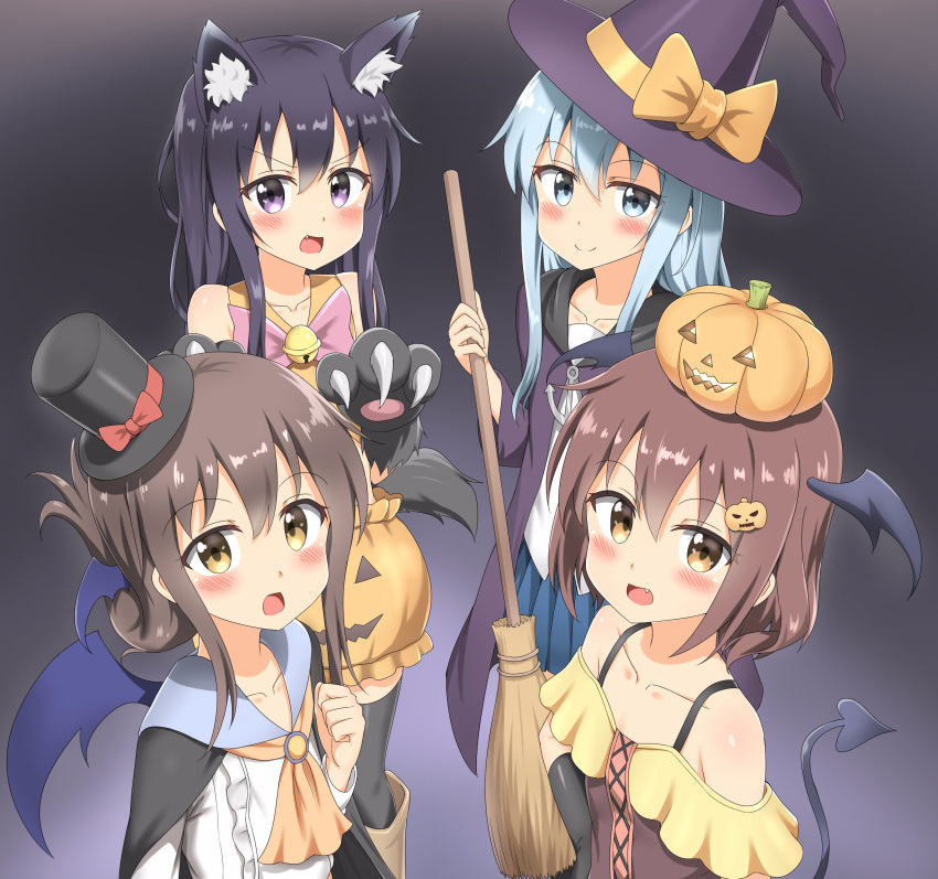 &gt;:o 4girls :o absurdres akatsuki_(kantai_collection) anchor animal_ears bell black_hair blue_eyes blue_hair blush bow broom brown_hair commentary_request demon_wings folded_ponytail food_themed_hair_ornament gloves grey_background hair_ornament hat head_wings hibiki_(kantai_collection) highres ikazuchi_(kantai_collection) inazuma_(kantai_collection) jack-o'-lantern kantai_collection light_brown_eyes long_hair mini_hat mini_top_hat multiple_girls nedia_r paw_gloves paw_pose pumpkin_hair_ornament pumpkin_hat pumpkin_pants short_hair smile tail top_hat violet_eyes wings witch witch_hat wolf_ears wolf_tail