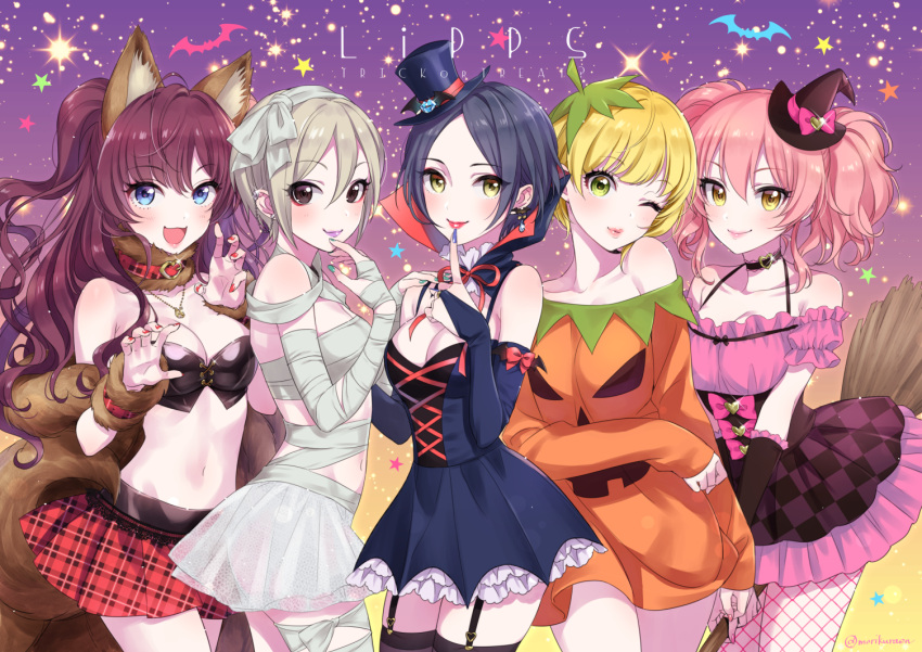 5girls :3 :d animal_ears argyle_skirt artist_name bandages bangs bare_shoulders bat black_dress black_hair black_legwear blonde_hair blue_eyes blush body_blush bow breasts bridal_gauntlets broom brown_eyes brown_hair choker claw_pose cleavage collarbone cowboy_shot detached_sleeves diffraction_spikes dress earrings english eyebrows eyebrows_visible_through_hair finger_to_mouth fishnet_pantyhose fishnets fox_ears fox_tail garter_straps glint gradient gradient_background green_eyes group_name hair_between_eyes halloween halloween_costume hat hayami_kanade head_tilt heart holding_broom ichinose_shiki idolmaster idolmaster_cinderella_girls jack-o'-lantern jack-o'-lantern_print jewelry jougasaki_mika lipps_(idolmaster) lipstick long_hair looking_at_viewer makeup medium_breasts mini_hat mini_top_hat miyamoto_frederica morikura_en multiple_girls nail_polish necklace off_shoulder open_mouth outstretched_arms pantyhose parted_bangs pink_hair pink_legwear pink_lipstick plaid plaid_skirt print_dress puckered_lips puffy_short_sleeves puffy_sleeves pumpkin_costume purple_lipstick purple_nails red_bow red_lipstick red_skirt ring see-through shiomi_shuuko short_hair short_sleeves silhouette skirt sleeves_past_wrists smile spaghetti_strap sparkle star tail thigh-highs top_hat trick_or_treat twintails twitter_username very_long_hair white_skirt witch witch_hat yellow_eyes