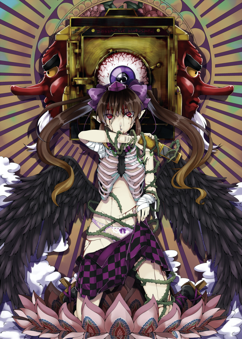 13_(spice!!) 1girl bandages bird_wings black_wings blood bloodshot_eyes bloody_tears bow bow_panties breasts brown_hair cellphone commentary_request cowboy_shot feathered_wings gradient_hair hair_bow hat highres himekaidou_hatate lavender_panties lily_pad long_hair looking_at_viewer mask medium_breasts multicolored_hair nosebleed panties phone plaid plaid_skirt plant pointy_ears purple_bow red_eyes ribs skirt skirt_removed solo tengu_mask thorns tokin_hat touhou twintails underwear vines wings