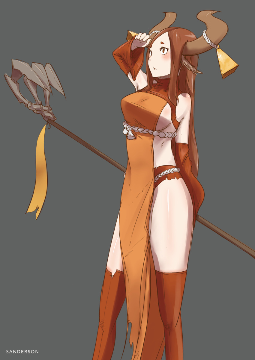 1girl animal_ears arm_behind_back artist_name bell blush breasts brown_eyes brown_hair brown_legwear closed_mouth cow_bell cow_ears cow_girl cow_horns detached_sleeves dress grey_background hand_to_head hand_up high_collar highres holding holding_staff horns large_breasts long_hair original pelvic_curtain rope sanderson short_eyebrows simple_background solo staff standing thigh-highs turtleneck