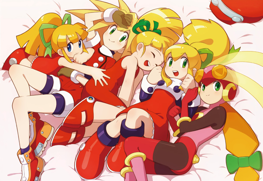 5girls ^_^ android artist_request blonde_hair blue_eyes boots closed_eyes dress flat_chest gloves green_eyes hair_ribbon helmet highres knee_boots long_hair multiple_girls official_art open_mouth pantyhose ponytail red_shorts red_skirt ribbon rockman rockman_(classic) rockman_dash rockman_exe rockman_rockman roll roll_caskett roll_exe shorts skirt smile